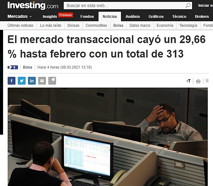 El mercado transaccional cay un 29,66 % hasta febrero con un total de 313